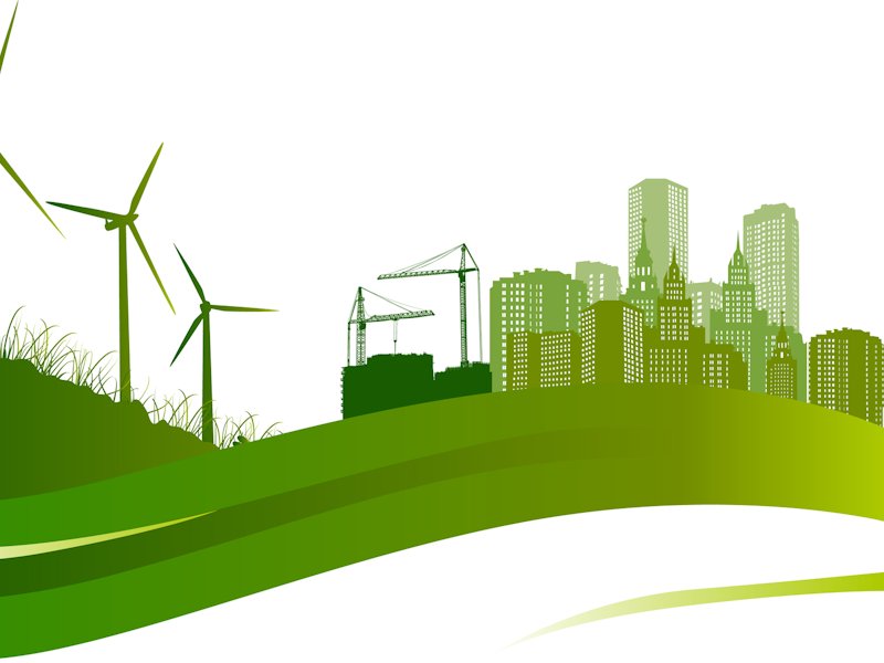 green illustration with wind turbines and city